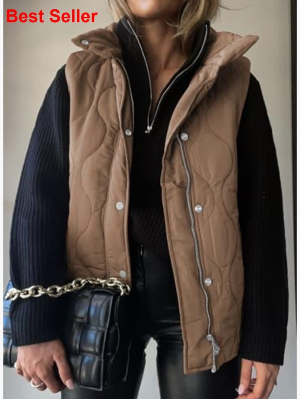 Lightweight Quilted Puffer Vest with Stand Collar and Button Zip Up - Picture 2 of 7